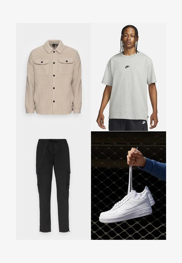 Beige Fleecejacke mit Kragen, Knopfverschluss, zwei Brusttaschen mit Klappen und strukturiertem Stoff. Schwarze Knöpfe setzen Akzente im Design.; Junge Person mit geflochtenem Haar, die ein hellgraues Nike-T-Shirt und schwarze Nike-Shorts trägt, vor einem einfarbigen weißen Hintergrund.; Schwarze Cargo-Hosen mit elastischem Bund und Kordelzug, ausgestattet mit Seitentaschen und Reißverschlussbündchen, hergestellt aus leichtem Stoff.; Weiße Leder-Sneaker mit Perforationen, runder Zehenpartie, flacher Sohle und dicken Schnürsenkeln, mit sichtbar eingesticktem Swoosh-Logo und "AIR" an der Ferse.