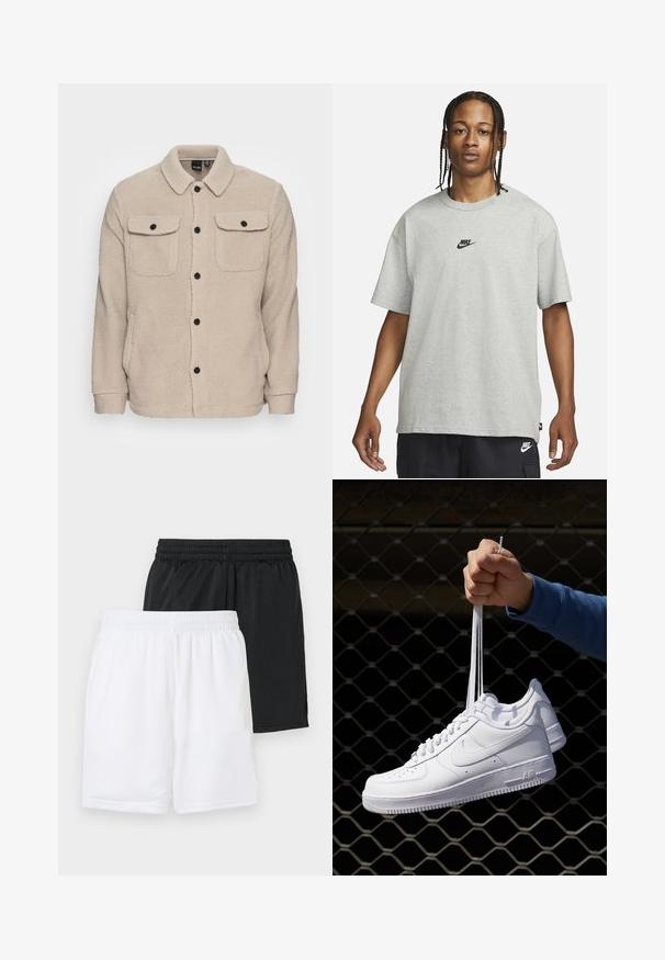 Jachetă din fleece bej cu guler, închidere cu nasturi, două buzunare pe piept cu clapete și țesătură texturată. Nasturi negri accentuează designul.; Tânăr cu părul împletit, îmbrăcat cu un tricou Nike gri deschis și pantaloni scurți Nike negri, pe un fundal alb simplu.; Două perechi de pantaloni scurți sport: una neagră, una albă. Ambele au o talie elastică și o textură din plasă respirabilă.; Adidași albaștri din piele cu perforații, vârf rotund, talpă plată și șireturi groase, cu un logo swoosh vizibil și cu inscripția "AIR" pe toc.