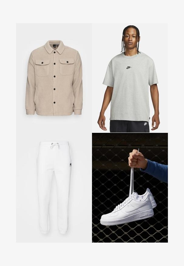 Beige Fleecejacke mit Kragen, Knopfverschluss, zwei Brusttaschen mit Klappen und strukturiertem Stoff. Schwarze Knöpfe setzen Akzente im Design.; Junge Person mit geflochtenem Haar, die ein hellgraues Nike-T-Shirt und schwarze Nike-Shorts trägt, vor einem einfarbigen weißen Hintergrund.; Weiße Sweatpants aus einem Baumwoll-Mix mit elastischem Bund und Kordelzug, seitlichen Taschen und gerippten Bündchen mit Logo-Akzent.; Weiße Leder-Sneaker mit Perforationen, runder Zehenpartie, flacher Sohle und dicken Schnürsenkeln, mit sichtbar eingesticktem Swoosh-Logo und "AIR" an der Ferse.