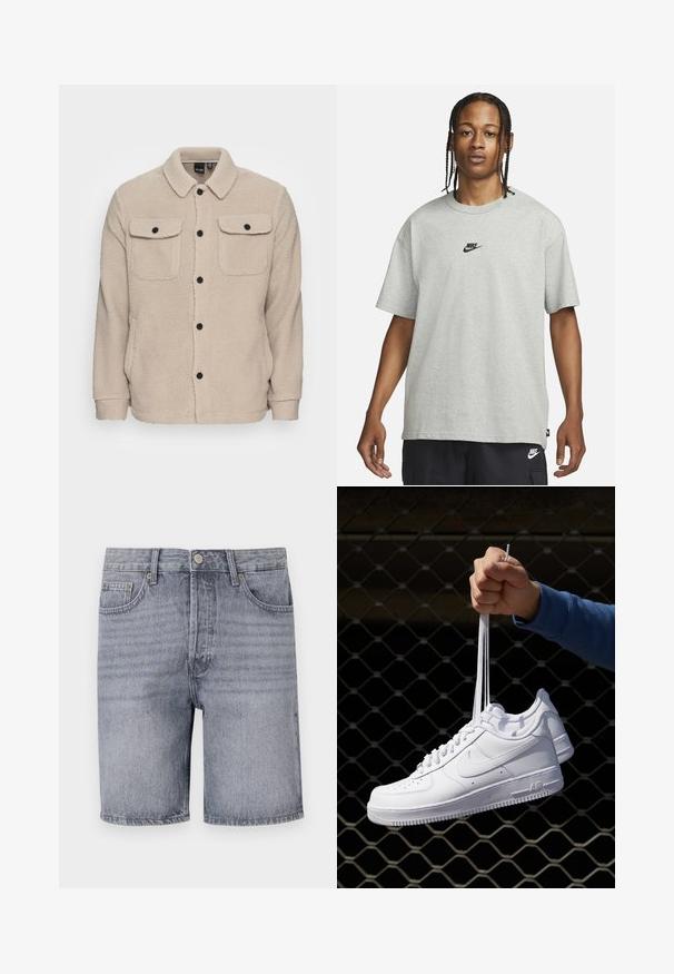 Veste en polaire beige avec un col, une fermeture à boutons, deux poches poitrine à rabat et un tissu texturé. Des boutons noirs viennent accentuer le design.; Jeune personne avec des cheveux tressés portant un t-shirt Nike gris clair et un short Nike noir sur un fond blanc uni.; Shorts en denim gris clair avec une coupe classique, comportant cinq poches, une fermeture à bouton et une texture légèrement décolorée.; Baskets en cuir blanc avec perforations, à bout rond, semelle plate et lacets épais, arborant un logo swoosh visible et "AIR" sur le talon.