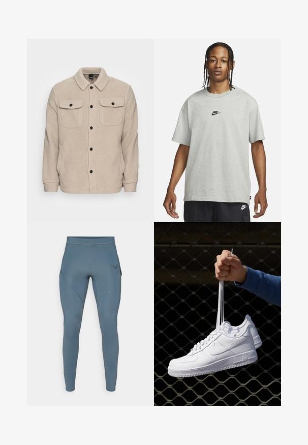 Beige Fleecejacke mit Kragen, Knopfverschluss, zwei Brusttaschen mit Klappen und strukturiertem Stoff. Schwarze Knöpfe setzen Akzente im Design.; Junge Person mit geflochtenem Haar, die ein hellgraues Nike-T-Shirt und schwarze Nike-Shorts trägt, vor einem einfarbigen weißen Hintergrund.; Blaue Sportleggings mit glatter Textur, ausgestattet mit Seitentaschen und einem kontrastierenden schwarzen Logo an der Hüfte. Figurschmeichelnder Schnitt.; Weiße Leder-Sneaker mit Perforationen, runder Zehenpartie, flacher Sohle und dicken Schnürsenkeln, mit sichtbar eingesticktem Swoosh-Logo und "AIR" an der Ferse.