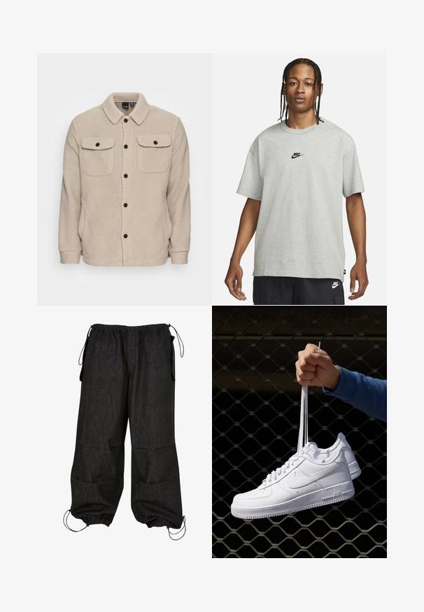 Bežs flīsa jakas ar apkakles izgriezumu, pogu aizdari, divām krūšu kabatām ar atloci un teksturētu audumu. Melnas pogas izceļ dizainu.; Jaunietis ar pītām matēm, kas valkā gaiši pelēku Nike T-kreklu un melnas Nike šortus uz vienkārša balta fona.; Melni, brīvi piegrieztie kravas bikses ar elastīgu jostasvietu, sānu kabatām un regulējamu sašaurinājumu apakšmalā. Izgatavotas no izturīgas džinsa auduma.; Baltas ādas sporta apavi ar perforācijām, apaļu purngali, plakanu zoli un biezām šņorēm, ar redzamu swoosh logo un vārdu "AIR" uz papēža.