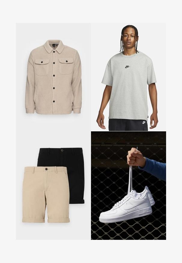 Bežinė fliso striukė su apykakle, mygtukų uždarymu, dviem krūtinės kišenėmis su užpūkų dangteliais ir tekstūruotu audiniu. Juodi mygtukai pabrėžia dizainą.; Jaunas žmogus su pintomis plaukomis, vilkintis šviesiai pilką Nike marškinėlį ir juodus Nike šortus, priešais vientisą baltą foną.; Du parų sukraustytų šortų: viena smėlinė ir viena juoda, pagaminti iš lygaus audinio, su priekiniais mygtukais ir klasikiniu dizainu.; Balti odiniai sportiniai bateliai su perforacijomis, apvalia nosimi, plokščiu padu ir storomis raištelėmis, su matomu swoosh logotipu ir "AIR" ant kulno.