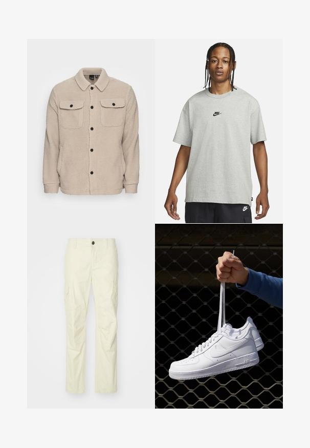 Beige fleecejacka med krage, knäppning, två bröstfickor med klaffar och texturerat tyg. Svarta knappar pryder designen.; Ung person med flätat hår iklädd en ljusgrå Nike T-shirt och svarta Nike-shorts framför en enkel vit bakgrund.; Beige cargobyxor i lättviktsmaterial, med sidofickor, knäppning och raka ben. Slät textur med skräddarsydda sömmar.; Vita lädersneakers med perforeringar, rund tå, platt sula och tjocka snörning, med en synlig swoosh-logga och "AIR" på hälen.
