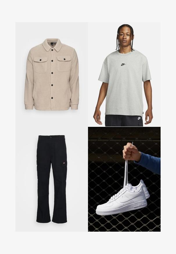 Beige színű polár dzseki, galléros nyakkivágással, gombos záródással, két melltartó zsebbel fedéllel és texturált anyaggal. Fekete gombok emelik ki a tervezést.; Fiatal, fonott hajú személy világosszürke Nike pólót és fekete Nike rövidnadrágot visel, egy sima fehér háttér előtt.; Fekete cargo nadrág egyenes szabású dizájnnal, tartós anyagból készült, oldalzsebekkel és bal oldalon egy foltlogóval.; Fehér bőr sportcipők perforációval, kerek orral, lapos talppal és vastag fűzőkkel, látható swoosh logóval és "AIR" felirattal a sarokrészen.