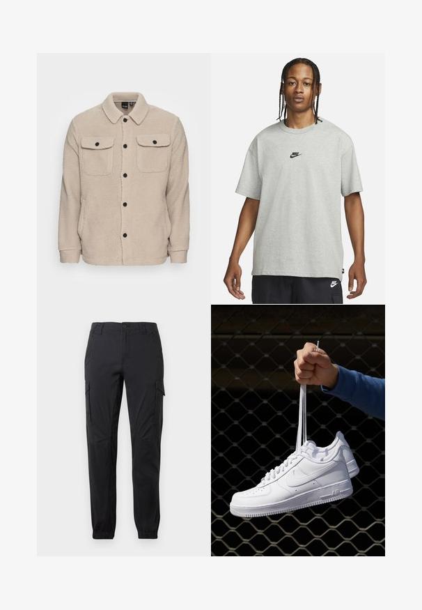 Veste en polaire beige avec un col, une fermeture à boutons, deux poches poitrine à rabat et un tissu texturé. Des boutons noirs viennent accentuer le design.; Jeune personne avec des cheveux tressés portant un t-shirt Nike gris clair et un short Nike noir sur un fond blanc uni.; Pantalon cargo noir avec poignets élastiques, bouton et fermeture éclair à l'avant, poches à rabat latérales et passants pour ceinture sur fond blanc.; Baskets en cuir blanc avec perforations, à bout rond, semelle plate et lacets épais, arborant un logo swoosh visible et "AIR" sur le talon.
