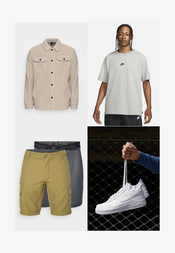 Beige fleece jacket featuring a collared neckline, button closure, two chest pockets with flaps, and textured fabric. Black buttons accent the design.; Young person with braided hair wearing a light gray Nike T-shirt and black Nike shorts against a plain white background.; Two pairs of shorts: one olive green with pockets and a textured waistband, and one dark gray mesh liner visible underneath.; White leather sneakers with perforations, round toe, flat sole, and thick laces, featuring a visible swoosh logo and "AIR" on the heel.