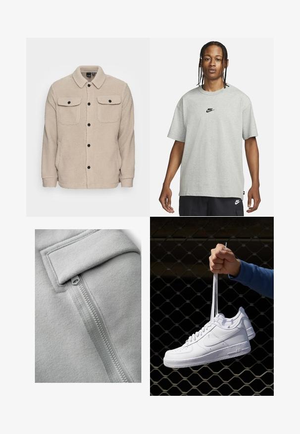 Beež fliisjakker, millel on kraega kaelus, nööbikinnitus, kaks klapiga rinna taskut ja tekstureeritud kanga detail. Mustad nööbid rõhutavad disaini.; Noor, kellel on punutud juuksed, kannab heledat halli Nike T-särki ja musti Nike lühikesi pükse,neutraalset valget tausta vastu.; Next UTILITY JOGGERS- REGULAR FIT - Kargopüksid - light grey; Valged nahast tennisetossud, millel on perforatsioonid, ümar nina, lame tallus ja paksud nöörid, nähtava swooshi logoga ja "AIR" kontsadel.