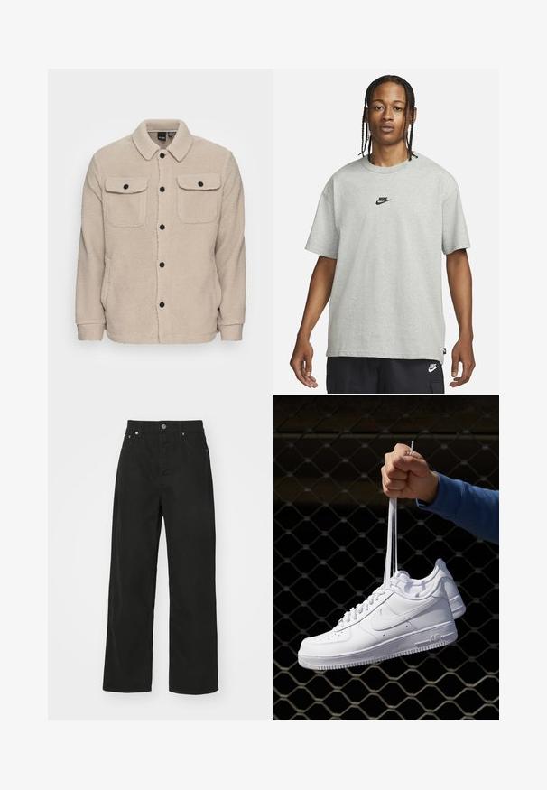 Veste en polaire beige avec un col, une fermeture à boutons, deux poches poitrine à rabat et un tissu texturé. Des boutons noirs viennent accentuer le design.; Jeune personne avec des cheveux tressés portant un t-shirt Nike gris clair et un short Nike noir sur un fond blanc uni.; Pantalons en denim noir avec une coupe droite, dotés de cinq poches, d'une fermeture à bouton et d'une taille classique. Texture lisse.; Baskets en cuir blanc avec perforations, à bout rond, semelle plate et lacets épais, arborant un logo swoosh visible et "AIR" sur le talon.