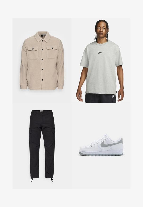 Beige fleecejack met een kraag, knoopsluiting, twee borstzakken met flappen en textiel met textuur. Zwarte knopen accentueren het ontwerp.; Jong persoon met gevlochten haar, gekleed in een lichtgrijs Nike T-shirt en zwarte Nike shorts tegen een effen witte achtergrond.; Zwarte cargobroek van stevige stof, met zijzakken, een slim fit en verstelbare manchetten bij de enkels.; Witte leren sneakers met een grijze Swoosh-logo, geperforeerde neus en rubberen buitenzool met textuur. Korte enkellengte.