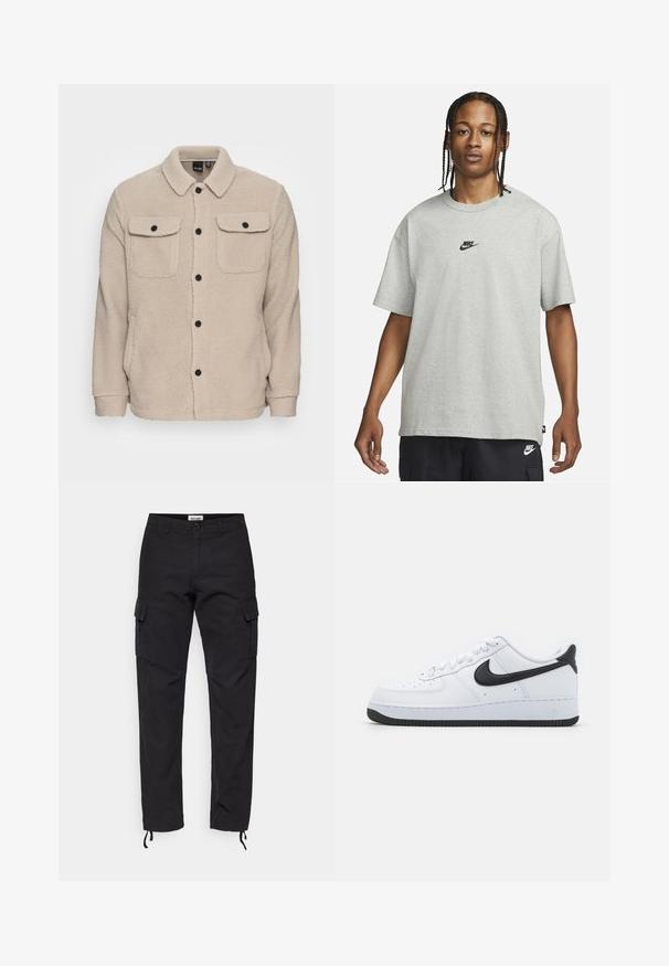 Beige fleecová bunda s límcem, zapínáním na knoflíky, dvěma náprsními kapsami s klopami a texturovanou tkaninou. Černé knoflíky zdobí design.; Mladý člověk s pletenými vlasy, oblečený v světle šedém tričku Nike a černých šortkách Nike, na čistém bílém pozadí.; Černé cargo kalhoty z pevného materiálu, s bočními kapsami, slim fit a nastavitelnými manžetami u kotníků.; Bílé kožené tenisky s černým logem Nike Swoosh, kulatá špička, šněrovací přední část, strukturovaná černá gumová podrážka a reliéfní nápis "Air" na patě.