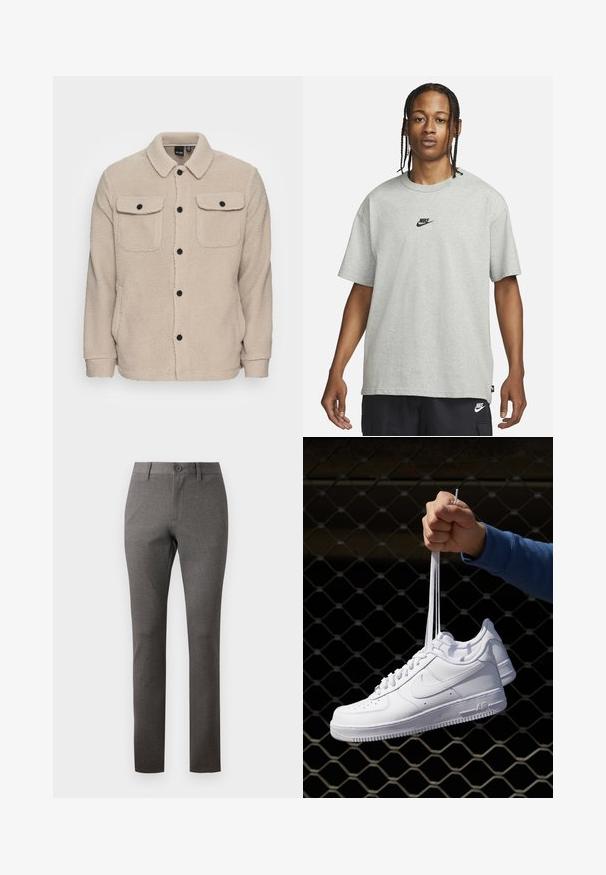 Chaqueta de forro polar beige con cuello camisero, cierre de botones, dos bolsillos en el pecho con solapas y tejido texturizado. Los botones negros acentúan el diseño.; Joven con cabello trenzado que lleva una camiseta Nike gris claro y pantalones cortos Nike negros frente a un fondo blanco liso.; Pantalones grises con una tela texturizada, corte recto, bolsillos delanteros y cierre de botón único en la cintura.; Zapatillas de cuero blanco con perforaciones, punta redonda, suela plana y cordones gruesos, con un logo de swoosh visible y "AIR" en el talón.
