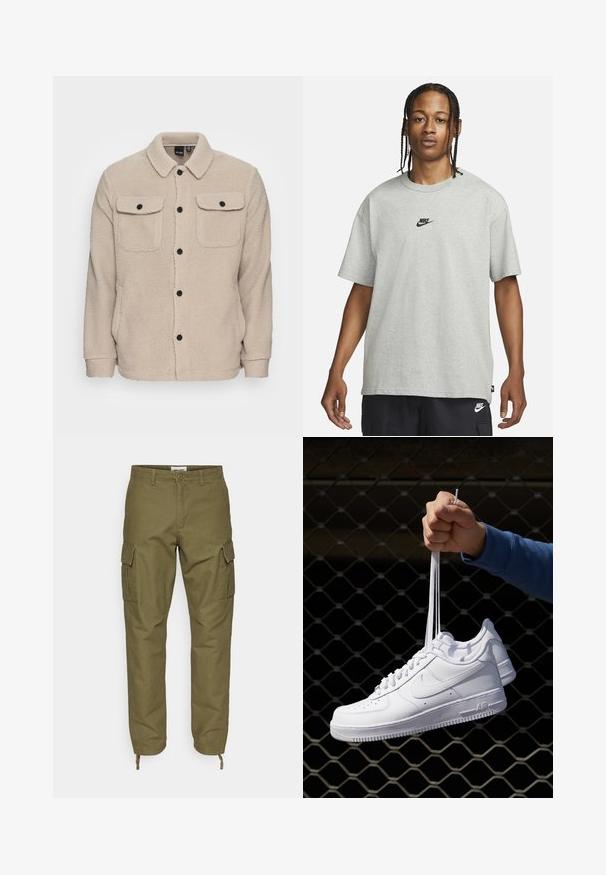 Veste en polaire beige avec un col, une fermeture à boutons, deux poches poitrine à rabat et un tissu texturé. Des boutons noirs viennent accentuer le design.; Jeune personne avec des cheveux tressés portant un t-shirt Nike gris clair et un short Nike noir sur un fond blanc uni.; Pantalons cargo vert olive en coton avec deux poches latérales, des poignets à cordon de serrage et une fermeture à boutons à la taille.; Baskets en cuir blanc avec perforations, à bout rond, semelle plate et lacets épais, arborant un logo swoosh visible et "AIR" sur le talon.