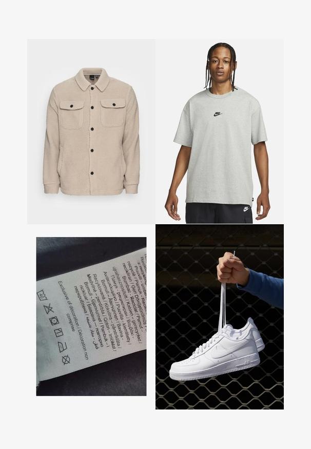 Beige fleecová bunda s límcem, zapínáním na knoflíky, dvěma náprsními kapsami s klopami a texturovanou tkaninou. Černé knoflíky zdobí design.; Mladý člověk s pletenými vlasy, oblečený v světle šedém tričku Nike a černých šortkách Nike, na čistém bílém pozadí.; Štítek s vícejazyčným textem, symboly péče a ikonami recyklace, vytištěný na měkkém materiálu připomínajícím látku ve světlé barvě.; Bílé kožené tenisky s perforacemi, kulatou špičkou, plochou podrážkou a silnými tkaničkami, které mají viditelné logo swoosh a nápis "AIR" na patě.