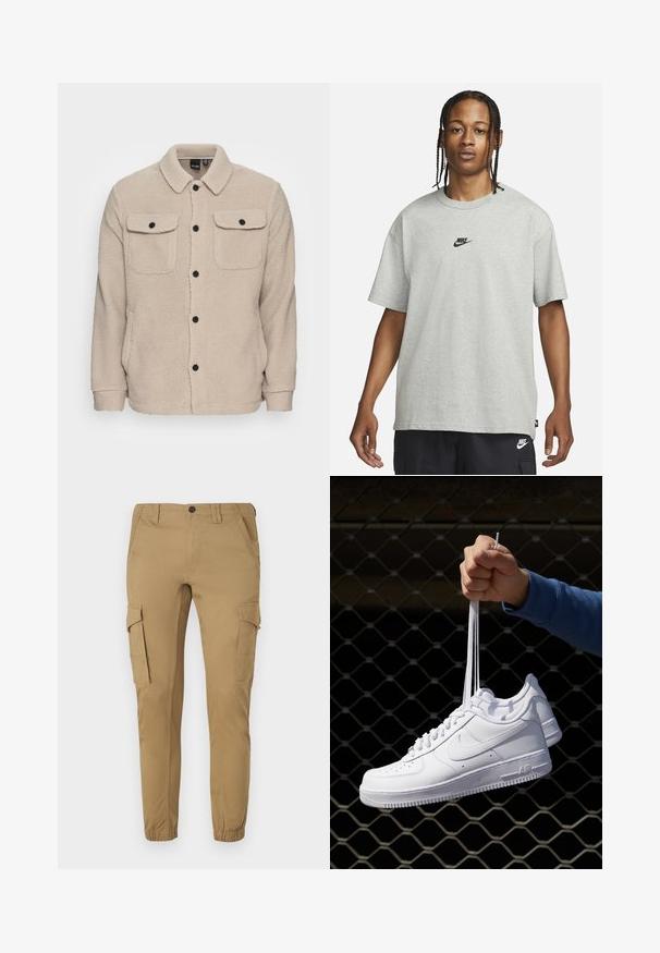 Beige Fleecejacke mit Kragen, Knopfverschluss, zwei Brusttaschen mit Klappen und strukturiertem Stoff. Schwarze Knöpfe setzen Akzente im Design.; Junge Person mit geflochtenem Haar, die ein hellgraues Nike-T-Shirt und schwarze Nike-Shorts trägt, vor einem einfarbigen weißen Hintergrund.; Cargo-Hosen aus beigem Stoff mit schmalem Schnitt, ausgestattet mit zwei Seitentaschen, zwei Cargo-Taschen und elastischen Bündchen an den Knöcheln.; Weiße Leder-Sneaker mit Perforationen, runder Zehenpartie, flacher Sohle und dicken Schnürsenkeln, mit sichtbar eingesticktem Swoosh-Logo und "AIR" an der Ferse.
