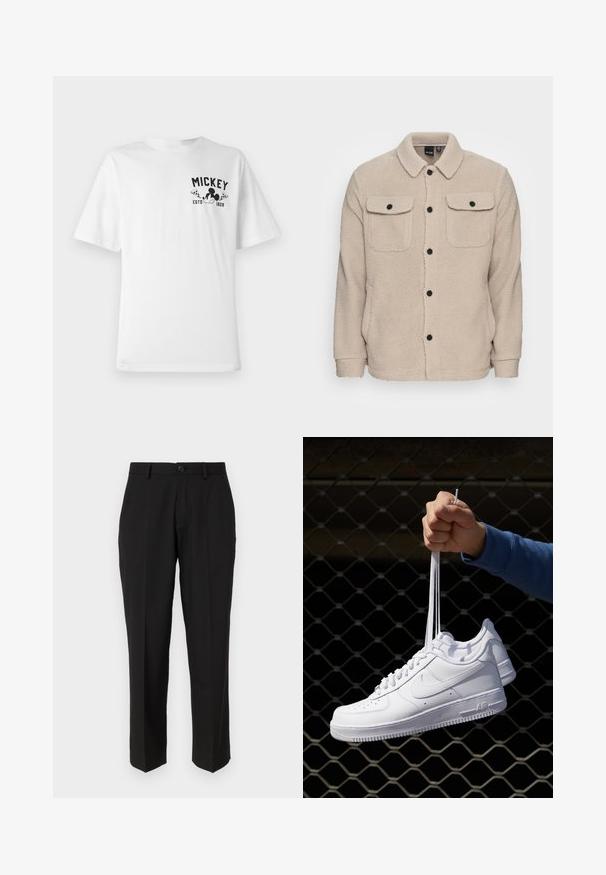 Beige fleece jacket featuring a collared neckline, button closure, two chest pockets with flaps, and textured fabric. Black buttons accent the design.; White cotton t-shirt featuring a black graphic with "MICKEY" and a cartoon character, with a round neckline and short sleeves.; Black trousers made of smooth fabric, featuring a straight leg design, front pockets, a single button closure, and no visible patterns.; White leather sneakers with perforations, round toe, flat sole, and thick laces, featuring a visible swoosh logo and "AIR" on the heel.