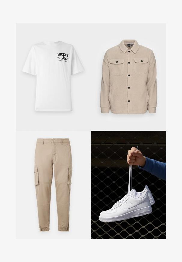 Beige fleece jacket featuring a collared neckline, button closure, two chest pockets with flaps, and textured fabric. Black buttons accent the design.; White cotton t-shirt featuring a black graphic with "MICKEY" and a cartoon character, with a round neckline and short sleeves.; Beige cargo pants in a lightweight cotton material. Features elastic cuffs, multiple side pockets, and a button closure.; White leather sneakers with perforations, round toe, flat sole, and thick laces, featuring a visible swoosh logo and "AIR" on the heel.