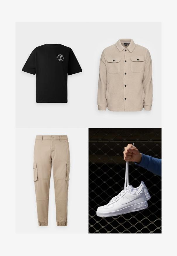 Beige fleecejakke med krave, knaplukning, to brystlommer med klap og tekstureret stof. Sorte knapper fremhæver designet.; Sort kortærmet T-shirt med et lille hvidt logo på brystet, der viser en kaffekande og teksten "Cortado Coffee Original 2013."; Beige cargo bukser i et letvægts bomuldsstof. Har elastiske manchetter, flere sidelommer og en knaplukning.; Hvide lædersneakers med perforeringer, rund tå, flad sål og tykke snørebånd, med et synligt swoosh-logo og "AIR" på hælen.