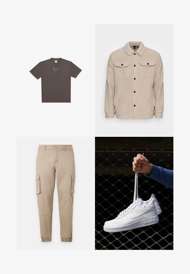 Beige fleecejakke med krave, knaplukning, to brystlommer med klap og tekstureret stof. Sorte knapper fremhæver designet.; Mørkegrå bomulds t-shirt med rund halsudskæring, korte ærmer og et hvidt signaturgrafik på venstre side af brystet.; Beige cargo bukser i et letvægts bomuldsstof. Har elastiske manchetter, flere sidelommer og en knaplukning.; Hvide lædersneakers med perforeringer, rund tå, flad sål og tykke snørebånd, med et synligt swoosh-logo og "AIR" på hælen.