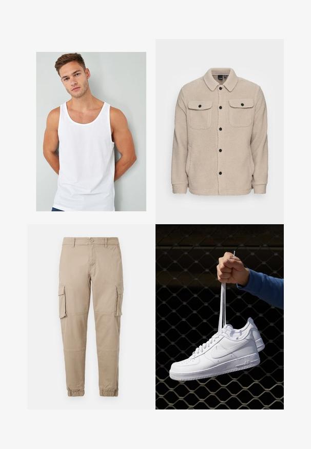 Beež fliisjakker, millel on kraega kaelus, nööbikinnitus, kaks klapiga rinna taskut ja tekstureeritud kanga detail. Mustad nööbid rõhutavad disaini.; Valge puuvillane tank top, millel on ümmargune kaelus ja laiad õlavarreavad, on esitatud mudelil heleshalli tausta taustal.; Beežid cargo-püksid kergest puuvillaste materjalist. Omab elastseid varrukatükke, mitmeid külgpocket'ite ja nööbiga sulgemist.; Valged nahast tennisetossud, millel on perforatsioonid, ümar nina, lame tallus ja paksud nöörid, nähtava swooshi logoga ja "AIR" kontsadel.
