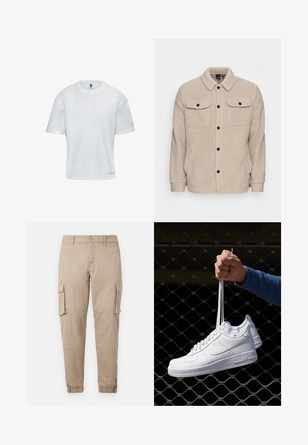 Veste en polaire beige avec un col, une fermeture à boutons, deux poches poitrine à rabat et un tissu texturé. Des boutons noirs viennent accentuer le design.; T-shirt en coton blanc avec un col rond et des manches courtes. Coupe droite avec un petit logo en accent sur le côté. Texture lisse.; Pantalons cargo beiges en coton léger. Comprend des poignets élastiques, plusieurs poches latérales et une fermeture à bouton.; Baskets en cuir blanc avec perforations, à bout rond, semelle plate et lacets épais, arborant un logo swoosh visible et "AIR" sur le talon.