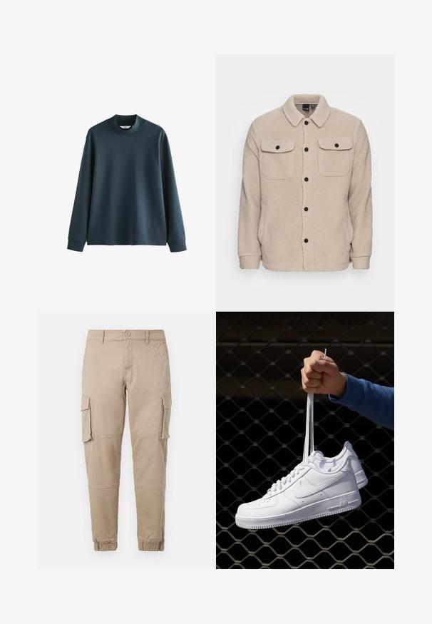 Bežs flīsa jakas ar apkakles izgriezumu, pogu aizdari, divām krūšu kabatām ar atloci un teksturētu audumu. Melnas pogas izceļ dizainu.; Tumši zila garām piedurknēm sporta krekls ar augstu kaklu, izgatavots no gludas auduma. Iekļauj nolaistas plecus un ribotas aproces. Vienkārša dizaina, bez rakstiem.; Bežīgas cargo bikses izgatavotas no viegla kokvilnas materiāla. Tām ir elastīgas aproces, vairākas sānu kabatas un pogu aizdare.; Baltas ādas sporta apavi ar perforācijām, apaļu purngali, plakanu zoli un biezām šņorēm, ar redzamu swoosh logo un vārdu "AIR" uz papēža.