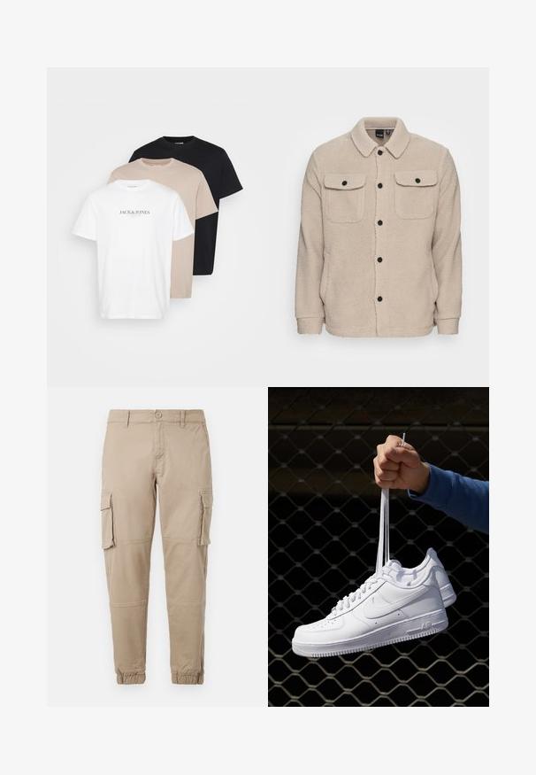 Bežová fleecová bunda s golierom, zapínaním na gombíky, dvoma náprsními vreckami s chlopňami a textúrovanou tkaninou. Čierne gombíky dotvárajú dizajn.; Tričko zložené do troch vrstiev: biele s logom, béžové a čierne. Vyrobené z bavlny, s okrúhlym výstrihom, krátkymi rukávmi a klasickým strihom.; Béžové cargo nohavice vyrobené z ľahkej bavlny. Majú elastické manžety, viacero bočných vreciek a zapínanie na gombík.; Biele kožené tenisky s perforáciami, okrúhlou špičkou, plochou podrážkou a hrubými šnúrkami, pričom majú viditeľné logo swoosh a nápis "AIR" na päte.