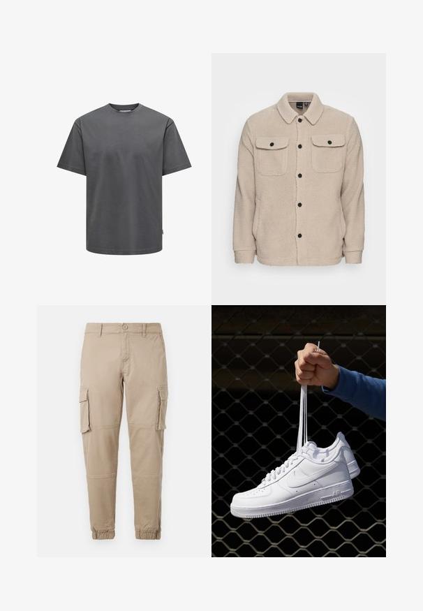 Beige fleecejakke med krage, knappestolpe, to brystlommer med klaff og strukturert stoff. Sorte knapper fremhever designet.; Grå bomull t-skjorte med rund hals og korte ermer. Har en vanlig passform og ensfarget tekstur uten synlige mønstre eller detaljer.; Beige cargo bukser i let bomuldsmateriale. Har elastiske manchetter, flere sidelommer og en knaplukning.; Hvite skinnsneakers med perforeringer, rund tå, flat såle og tykke lisser, med en synlig swoosh-logo og "AIR" på hælen.