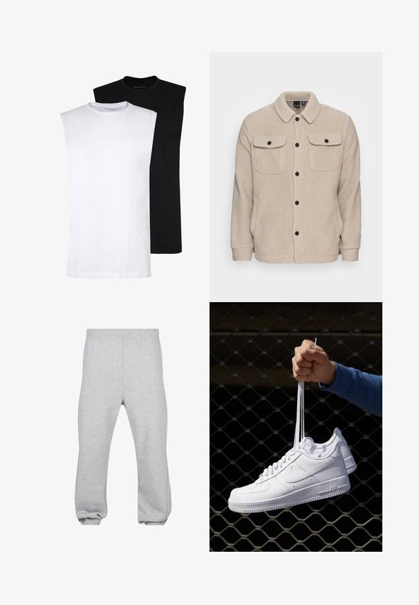 Bežinė fliso striukė su apykakle, mygtukų uždarymu, dviem krūtinės kišenėmis su užpūkų dangteliais ir tekstūruotu audiniu. Juodi mygtukai pabrėžia dizainą.; Baltos ir juodos be rankovių medvilninės marškinėliai su apvaliu iškirpimu, lygia tekstūra ir minimalistiniu dizainu. Tinka įvairioms kasdienėms situacijoms.; Pilkos medvilnės mišinio sportinės kelnės, su elastingu juosmeniu, siaurėjantys modeliai ir atsispaudžiamų kraštų. Paprastas dizainas be raštų.; Balti odiniai sportiniai bateliai su perforacijomis, apvalia nosimi, plokščiu padu ir storomis raištelėmis, su matomu swoosh logotipu ir "AIR" ant kulno.