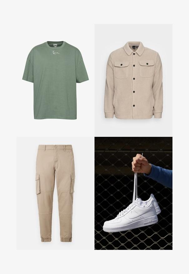 Beige fleecejakke med krage, knappestolpe, to brystlommer med klaff og strukturert stoff. Sorte knapper fremhever designet.; Grønn bomull t-skjorte med behagelig passform, ribbet rund hals og korte ermer. Har hvit brodert tekst på brystet.; Beige cargo bukser i let bomuldsmateriale. Har elastiske manchetter, flere sidelommer og en knaplukning.; Hvite skinnsneakers med perforeringer, rund tå, flat såle og tykke lisser, med en synlig swoosh-logo og "AIR" på hælen.