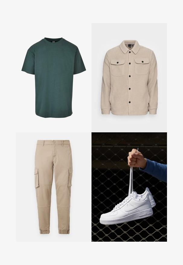 Bežová fleecová bunda s golierom, zapínaním na gombíky, dvoma náprsními vreckami s chlopňami a textúrovanou tkaninou. Čierne gombíky dotvárajú dizajn.; Tmavo zelené bavlnené tričko s okrúhlym výstrihom, krátkymi rukávmi a rovnými okrajmi. Mäkká textúra, voľný strih a jednoduchý dizajn.; Béžové cargo nohavice vyrobené z ľahkej bavlny. Majú elastické manžety, viacero bočných vreciek a zapínanie na gombík.; Biele kožené tenisky s perforáciami, okrúhlou špičkou, plochou podrážkou a hrubými šnúrkami, pričom majú viditeľné logo swoosh a nápis "AIR" na päte.