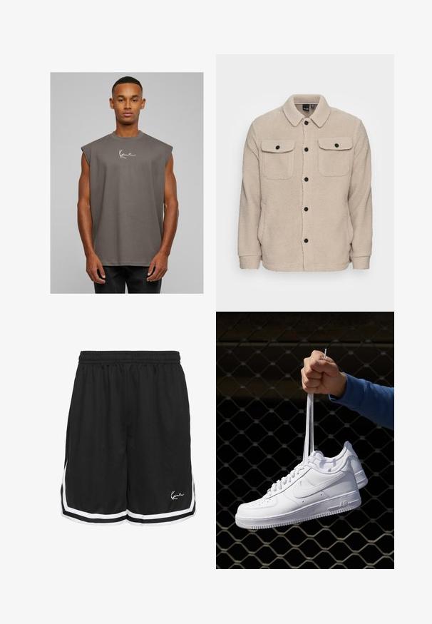 Beež fliisjakker, millel on kraega kaelus, nööbikinnitus, kaks klapiga rinna taskut ja tekstureeritud kanga detail. Mustad nööbid rõhutavad disaini.; Hallitseva halli ilmaõlgadega T-särk ümmarguse kaelusega, pehmest kangast, valge allkirja logoga rinnal. Lihtne disain, mugav lõige.; Mustad mustad lühikesed püksid elastse vöökoha ja valgete külgriipidega, mille alumises esiosas paremal on logo. Veidi tekstureeritud kangas.; Valged nahast tennisetossud, millel on perforatsioonid, ümar nina, lame tallus ja paksud nöörid, nähtava swooshi logoga ja "AIR" kontsadel.