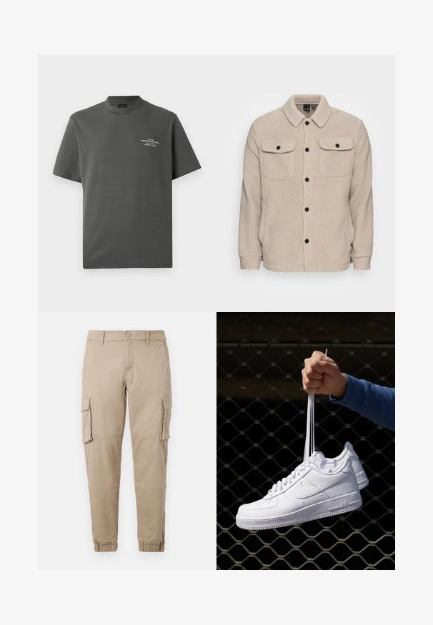 Beige fleece jacket featuring a collared neckline, button closure, two chest pockets with flaps, and textured fabric. Black buttons accent the design.; Jack & Jones PREMIUM JPRBLACHAD BRANDING CREW NECK TEE - Print T-shirt - volcanic ash; Beige cargo pants in a lightweight cotton material. Features elastic cuffs, multiple side pockets, and a button closure.; White leather sneakers with perforations, round toe, flat sole, and thick laces, featuring a visible swoosh logo and "AIR" on the heel.