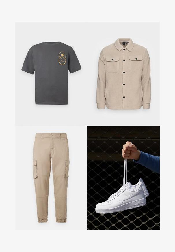 Beige fleecejakke med krave, knaplukning, to brystlommer med klap og tekstureret stof. Sorte knapper fremhæver designet.; Grå kortærmet t-shirt lavet af bomuld. Har et gult cirkulært grafisk design med tekst og stjerner på venstre bryst.; Beige cargo bukser i et letvægts bomuldsstof. Har elastiske manchetter, flere sidelommer og en knaplukning.; Hvide lædersneakers med perforeringer, rund tå, flad sål og tykke snørebånd, med et synligt swoosh-logo og "AIR" på hælen.