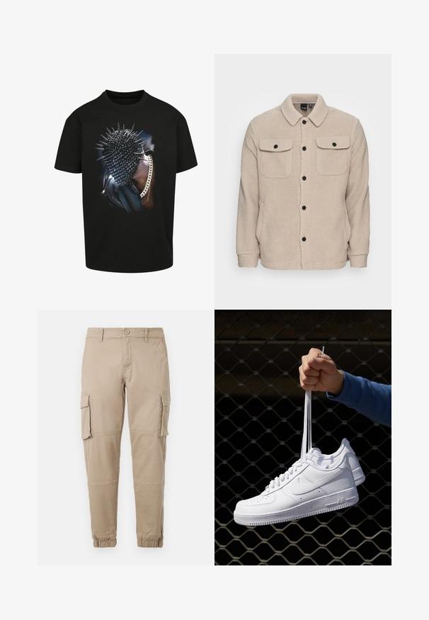 Chaqueta de forro polar beige con cuello camisero, cierre de botones, dos bolsillos en el pecho con solapas y tejido texturizado. Los botones negros acentúan el diseño.; Camiseta negra con un gráfico de cabeza con púas y un acento de cadena. Manga corta y corte clásico. Diseño audaz con una textura brillante.; Pantalones cargo beige de un material de algodón ligero. Presenta puños elásticos, múltiples bolsillos laterales y un cierre de botón.; Zapatillas de cuero blanco con perforaciones, punta redonda, suela plana y cordones gruesos, con un logo de swoosh visible y "AIR" en el talón.