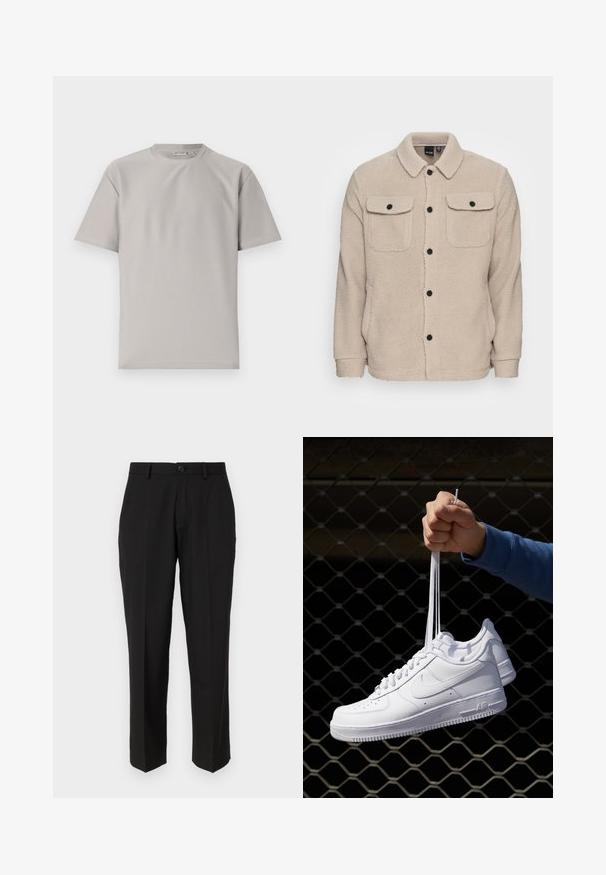 Bežová fleecová bunda s golierom, zapínaním na gombíky, dvoma náprsními vreckami s chlopňami a textúrovanou tkaninou. Čierne gombíky dotvárajú dizajn.; Svetlošedé rebrované tričko s okrúhlym výstrihom a krátkymi rukávmi. Disponuje jemnou štruktúrou a jednoduchým dizajnom, vhodné na bežné nosenie.; Čierne nohavice z hladkej tkaniny s rovnými nohavicami, prednými vreckami, jedným gombíkom na zapínanie a bez viditeľných vzorov.; Biele kožené tenisky s perforáciami, okrúhlou špičkou, plochou podrážkou a hrubými šnúrkami, pričom majú viditeľné logo swoosh a nápis "AIR" na päte.