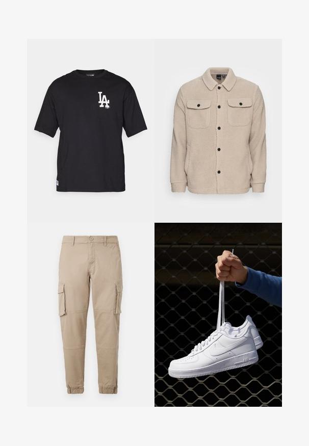 Beige fleecová bunda s límcem, zapínáním na knoflíky, dvěma náprsními kapsami s klopami a texturovanou tkaninou. Černé knoflíky zdobí design.; Černé tričko s krátkým rukávem vyrobené z bavlny, s bílým logem "LA" na levé straně hrudi. Kulatý výstřih a volný střih.; Béžové cargo kalhoty z lehkého bavlněného materiálu. Mají elastické manžety, více bočních kapes a zapínání na knoflík.; Bílé kožené tenisky s perforacemi, kulatou špičkou, plochou podrážkou a silnými tkaničkami, které mají viditelné logo swoosh a nápis "AIR" na patě.