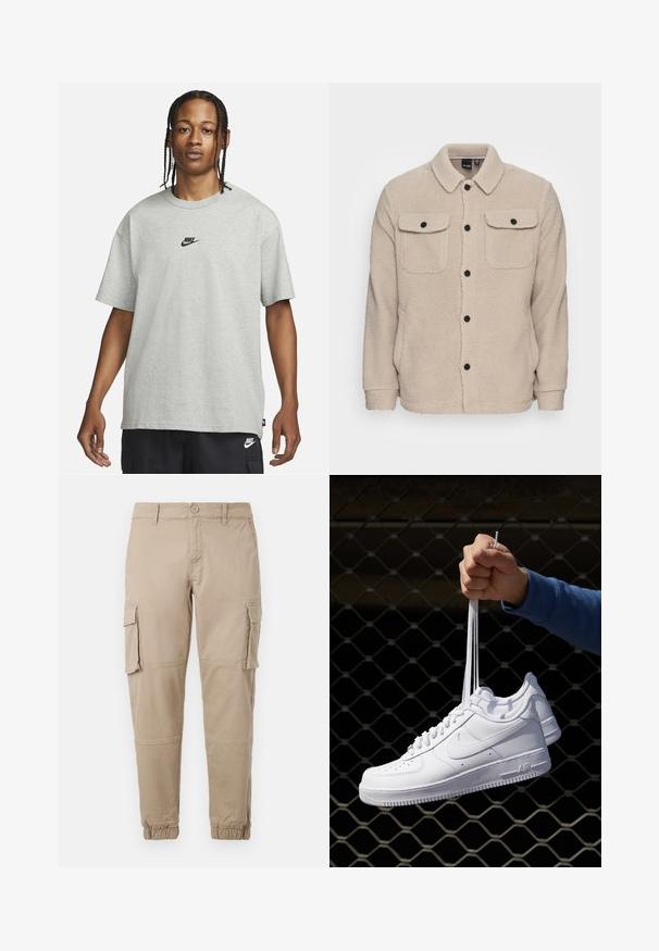 Μπεζ φλις ζακέτα με γιακά, κλείσιμο με κουμπιά, δύο θησαυρούς στο στήθος με καπάκια και υφή υφάσματος. Μαύρα κουμπιά τονίζουν το σχέδιο.; Νεαρό άτομο με πλεξούδες, ντυμένο με ένα ανοιχτό γκρι T-shirt της Nike και μαύρες σορτς της Nike, μπροστά σε απλό λευκό φόντο.; Μπεζ cargo παντελόνια από ελαφρύ βαμβακερό υλικό. Διαθέτουν ελαστικές μανσέτες, πολλές πλάγιες τσέπες και κλείσιμο με κουμπί.; Λευκά δερμάτινα αθλητικά παπούτσια με διάτρητο σχέδιο, στρογγυλή μύτη, επίπεδη σόλα και χοντρές κορδόνες, με εμφάνιση του λογότυπου swoosh και την ένδειξη "AIR" στη φτέρνα.