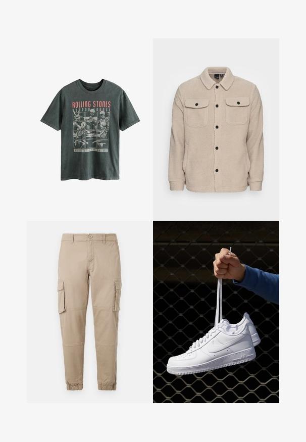 Jachetă din fleece bej cu guler, închidere cu nasturi, două buzunare pe piept cu clapete și țesătură texturată. Nasturi negri accentuează designul.; Next LICENSE REGULAR - Tricou cu imprimeu - grey rolling stones; Pantaloni cargo bej dintr-un material din bumbac ușor. Au manșete elastice, mai multe buzunare laterale și închidere cu buton.; Adidași albaștri din piele cu perforații, vârf rotund, talpă plată și șireturi groase, cu un logo swoosh vizibil și cu inscripția "AIR" pe toc.