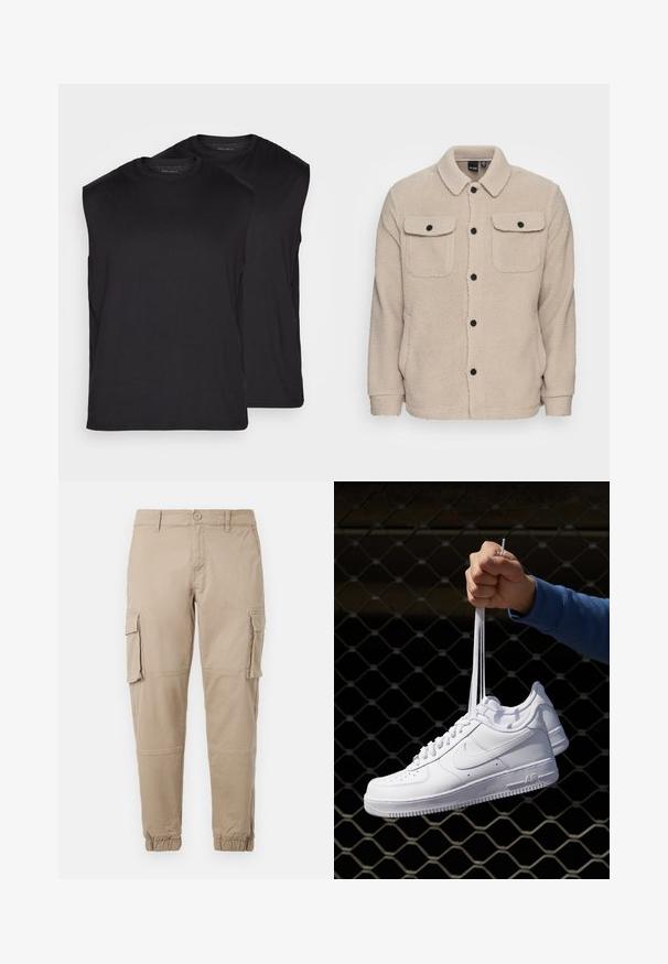 Beige Fleecejacke mit Kragen, Knopfverschluss, zwei Brusttaschen mit Klappen und strukturiertem Stoff. Schwarze Knöpfe setzen Akzente im Design.; Schwarze ärmellose T-Shirts, die paarweise aus glattem Stoff präsentiert werden. Rundhalsausschnitt und saubere Kanten ohne sichtbare Muster oder Verzierungen.; Beige Cargo-Hosen aus leichtem Baumwollmaterial. Mit elastischen Bündchen, mehreren Seitentaschen und einem Knopfverschluss.; Weiße Leder-Sneaker mit Perforationen, runder Zehenpartie, flacher Sohle und dicken Schnürsenkeln, mit sichtbar eingesticktem Swoosh-Logo und "AIR" an der Ferse.