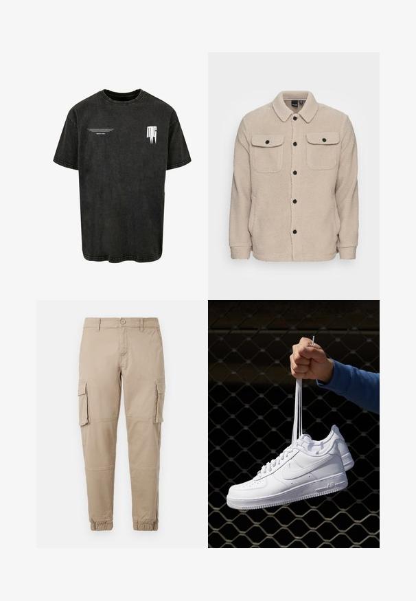 Bežs flīsa jakas ar apkakles izgriezumu, pogu aizdari, divām krūšu kabatām ar atloci un teksturētu audumu. Melnas pogas izceļ dizainu.; Melnas īsām piedurknēm T-krekliens, kas izgatavots no denima auduma. Tam ir brīvā piegriezuma siluets, apaļš kakla izgriezums un balts drukāts logotips uz krūtīm.; Bežīgas cargo bikses izgatavotas no viegla kokvilnas materiāla. Tām ir elastīgas aproces, vairākas sānu kabatas un pogu aizdare.; Baltas ādas sporta apavi ar perforācijām, apaļu purngali, plakanu zoli un biezām šņorēm, ar redzamu swoosh logo un vārdu "AIR" uz papēža.