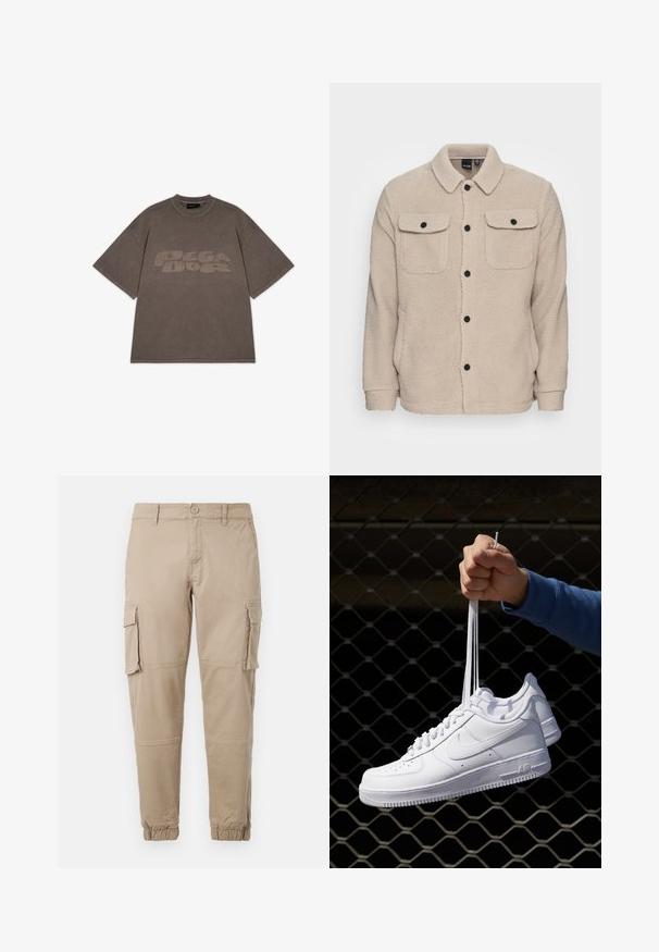 Bežinė fliso striukė su apykakle, mygtukų uždarymu, dviem krūtinės kišenėmis su užpūkų dangteliais ir tekstūruotu audiniu. Juodi mygtukai pabrėžia dizainą.; Per didelė pilka medvilninė marškinė su apvalia iškirpte ir trumpomis rankovėmis; priekyje yra didelė, subtili "PEGA DOG" grafika.; Bežiniai cargo kelnės iš lengvos medvilnės. Su elastingais užtrauktukais, keliais šoniniais kišenėmis ir mygtukų uždarymu.; Balti odiniai sportiniai bateliai su perforacijomis, apvalia nosimi, plokščiu padu ir storomis raištelėmis, su matomu swoosh logotipu ir "AIR" ant kulno.