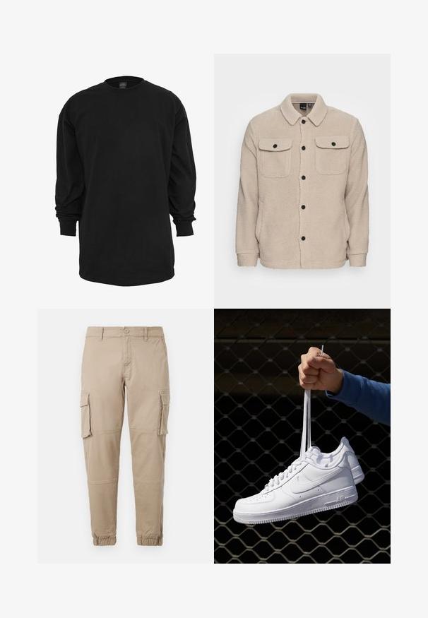 Beige fleece jacket featuring a collared neckline, button closure, two chest pockets with flaps, and textured fabric. Black buttons accent the design.; Long-sleeve black t-shirt made of cotton. Features a round neckline and regular fit. Smooth texture with no visible patterns or accents.; Beige cargo pants in a lightweight cotton material. Features elastic cuffs, multiple side pockets, and a button closure.; White leather sneakers with perforations, round toe, flat sole, and thick laces, featuring a visible swoosh logo and "AIR" on the heel.