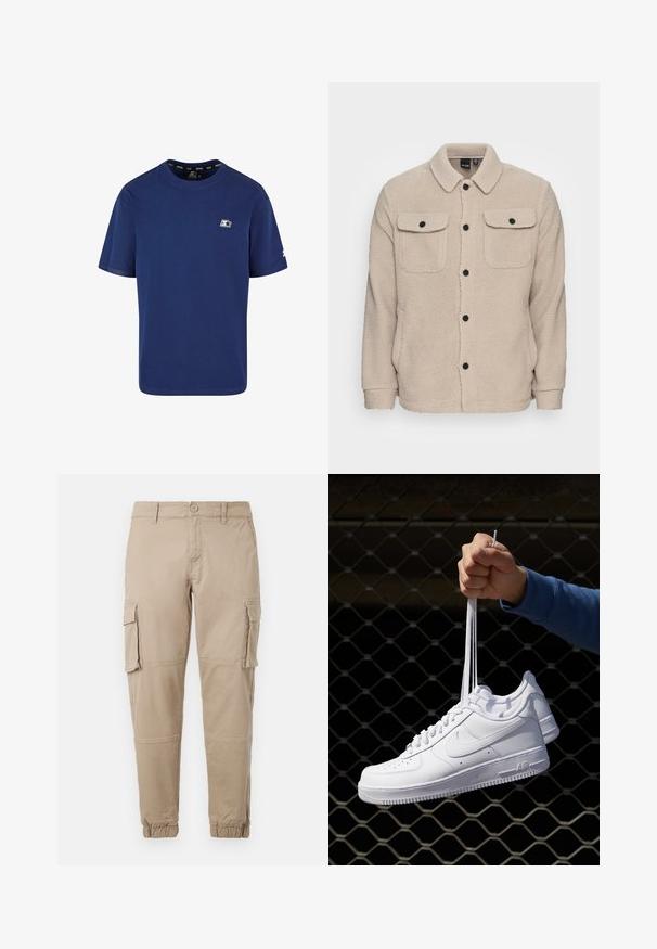 Bežs flīsa jakas ar apkakles izgriezumu, pogu aizdari, divām krūšu kabatām ar atloci un teksturētu audumu. Melnas pogas izceļ dizainu.; Tumši zila kokvilnas T-kreklam; īsas piedurknes; apaļš kakls; ar mazu logo uz kreisā krūšu un akcentu uz piedurknes.; Bežīgas cargo bikses izgatavotas no viegla kokvilnas materiāla. Tām ir elastīgas aproces, vairākas sānu kabatas un pogu aizdare.; Baltas ādas sporta apavi ar perforācijām, apaļu purngali, plakanu zoli un biezām šņorēm, ar redzamu swoosh logo un vārdu "AIR" uz papēža.