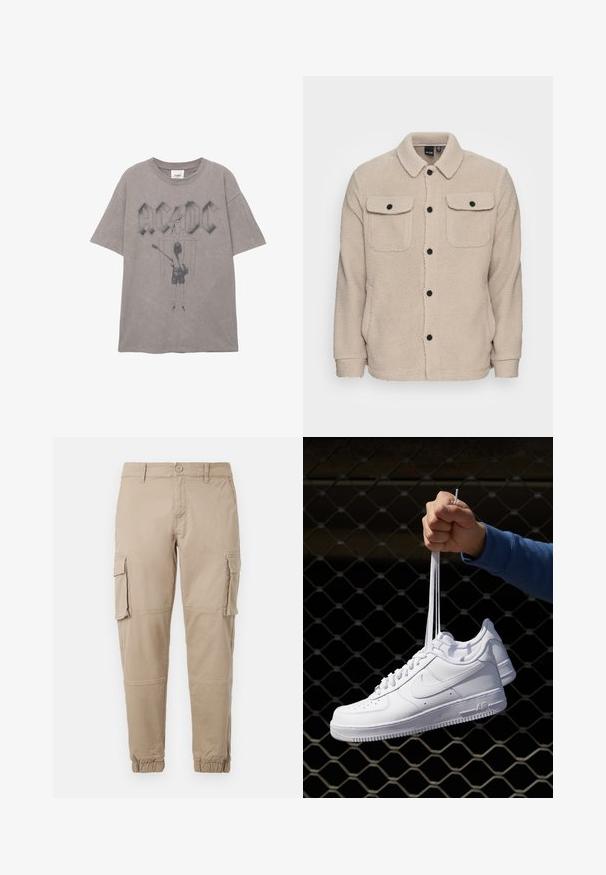 Beige fleecejakke med krave, knaplukning, to brystlommer med klap og tekstureret stof. Sorte knapper fremhæver designet.; Grå bomuld t-shirt med et stort AC/DC-logo og en grafisk afbildning af en guitarist på bagsiden, med korte ærmer og rund halsudskæring.; Beige cargo bukser i et letvægts bomuldsstof. Har elastiske manchetter, flere sidelommer og en knaplukning.; Hvide lædersneakers med perforeringer, rund tå, flad sål og tykke snørebånd, med et synligt swoosh-logo og "AIR" på hælen.