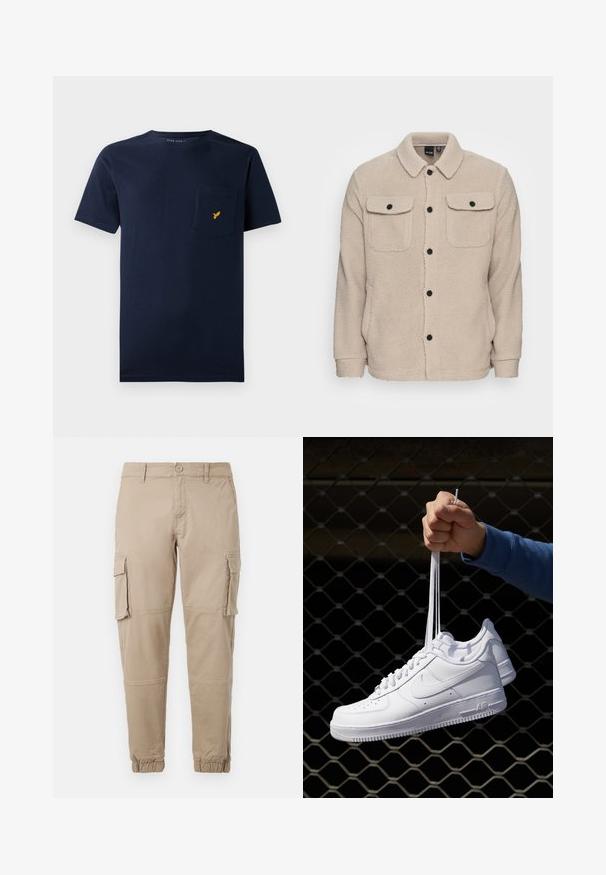 Bežna flis jakna z ovratnikom, gumbom za zapiranje, dvema žepoma na prsih s poklopci in teksturirano tkanino. Črni gumbi poudarjajo obliko.; Mornarsko modra bombažna majica s kratkimi rokavi, okroglo izrezano ovratnikom in žepom na prsih, ki vsebuje majhen logotip rumene ptice.; Bežne cargo hlače iz lahkega bombažnega materiala. Imajo elastične manšete, več stranskih žepov in gumbasto zapiranje.; Bela usnjena športna obutev s perforacijami, okroglo konico, ravnim podplatom in debelimi vezalkami, z vidnim logotipom smoosh in napisom "AIR" na peti.