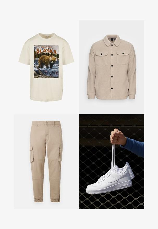 Beež fliisjakker, millel on kraega kaelus, nööbikinnitus, kaks klapiga rinna taskut ja tekstureeritud kanga detail. Mustad nööbid rõhutavad disaini.; Kreemivalge puuvillane T-särk, millel on graafiline prindiga pruuni karu vees, mäed ja puud, millel on kirjas "Alaska" ja "Viimane Piir."; Beežid cargo-püksid kergest puuvillaste materjalist. Omab elastseid varrukatükke, mitmeid külgpocket'ite ja nööbiga sulgemist.; Valged nahast tennisetossud, millel on perforatsioonid, ümar nina, lame tallus ja paksud nöörid, nähtava swooshi logoga ja "AIR" kontsadel.