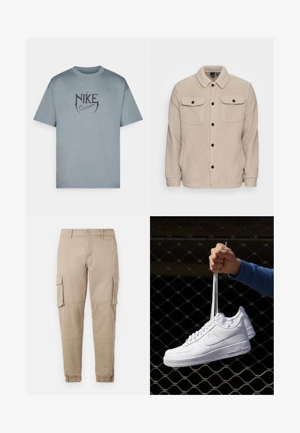 Beige fleecová bunda s límcem, zapínáním na knoflíky, dvěma náprsními kapsami s klopami a texturovanou tkaninou. Černé knoflíky zdobí design.; Nike Performance TEE - Triko s potiskem - cool grey; Béžové cargo kalhoty z lehkého bavlněného materiálu. Mají elastické manžety, více bočních kapes a zapínání na knoflík.; Bílé kožené tenisky s perforacemi, kulatou špičkou, plochou podrážkou a silnými tkaničkami, které mají viditelné logo swoosh a nápis "AIR" na patě.