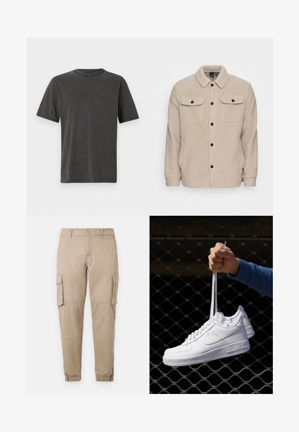 Beige Fleecejacke mit Kragen, Knopfverschluss, zwei Brusttaschen mit Klappen und strukturiertem Stoff. Schwarze Knöpfe setzen Akzente im Design.; Dunkelgraues Kurzarm-T-Shirt mit rundem Halsausschnitt, aus weichem Baumwollstoff gefertigt, mit dezenten Steppnähten entlang der Kanten.; Beige Cargo-Hosen aus leichtem Baumwollmaterial. Mit elastischen Bündchen, mehreren Seitentaschen und einem Knopfverschluss.; Weiße Leder-Sneaker mit Perforationen, runder Zehenpartie, flacher Sohle und dicken Schnürsenkeln, mit sichtbar eingesticktem Swoosh-Logo und "AIR" an der Ferse.