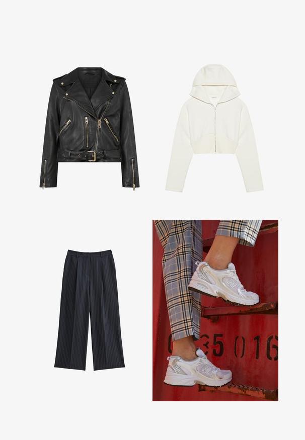 Czarna skórzana kurtka motocyklowa o dopasowanym kroju, ze złotymi zamkami, wieloma przednimi kieszeniami na zamek i paskiem w talii. Wyposażona w naramienniki.; Biały, skrócony hoodie zapinany na zamek z kapturem, wykonany z miękkiego materiału, z długimi rękawami i detalem szwów na przodzie. Gładka tekstura i metalowy zamek.; Biały prążkowany top na ramiączkach z koronkowym wykończeniem przy dekolcie i rękawach. Posiada miękką teksturę i dopasowany krój. Wewnątrz widoczna metka marki.; New Look WIDE granatowy; Białe siatkowe sneakersy z srebrnymi akcentami i teksturowaną podeszwą, umieszczone na czerwonej powierzchni, w połączeniu z materiałowymi spodniami w kratę.